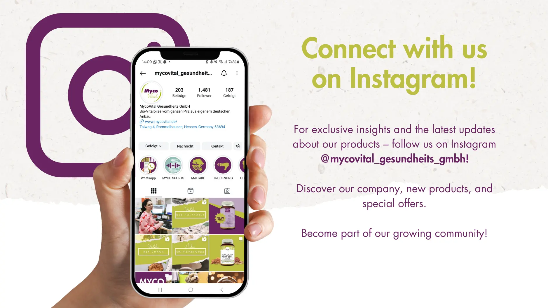 MycoVital_ A hand holds a smartphone displaying an Instagram profile. Text beside it reads, Connect with us on Instagram! with details encouraging users to follow @mycovital_gesundheits_gmbh for updates, insights, and special offers.