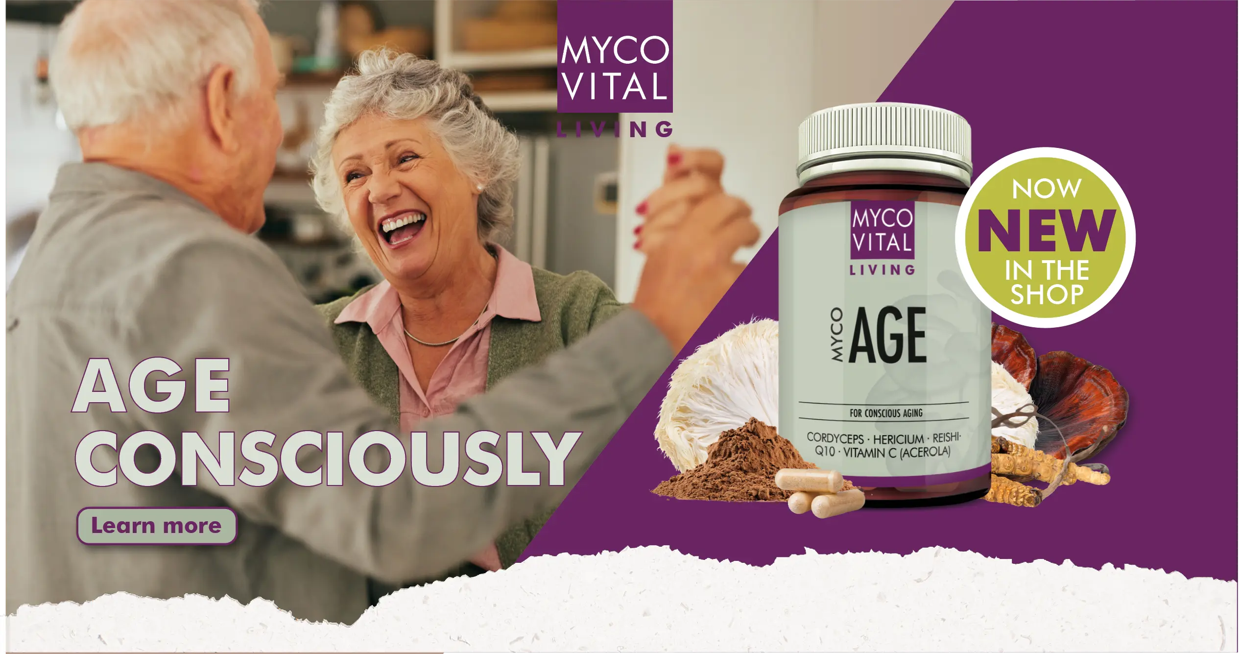 MycoVital_ An elderly couple laughs together in a kitchen. A supplement bottle labeled MYCO AGE is shown with mushrooms and roots. Text reads: BEWUSST &Auml;LTER WERDEN and JETZT NEU IM SHOP.