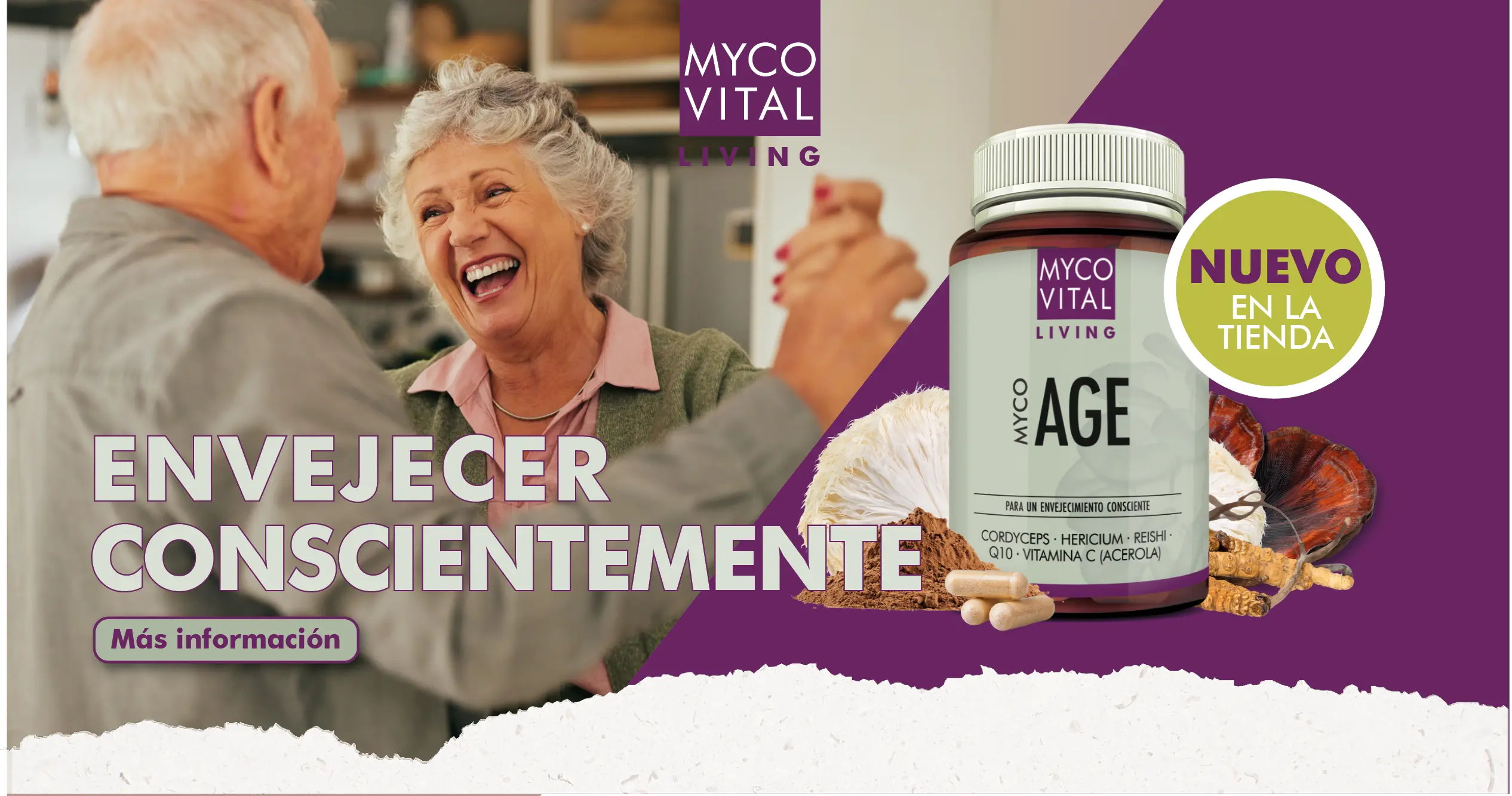 MycoVital_ Una anciana y un anciano sonr&iacute;en y r&iacute;en juntos en una cocina. En primer plano hay una botella de suplementos MYCOVITAL AGE con setas al lado. Texto en alem&aacute;n promociona el envejecimiento saludable y un nuevo producto en la tienda.