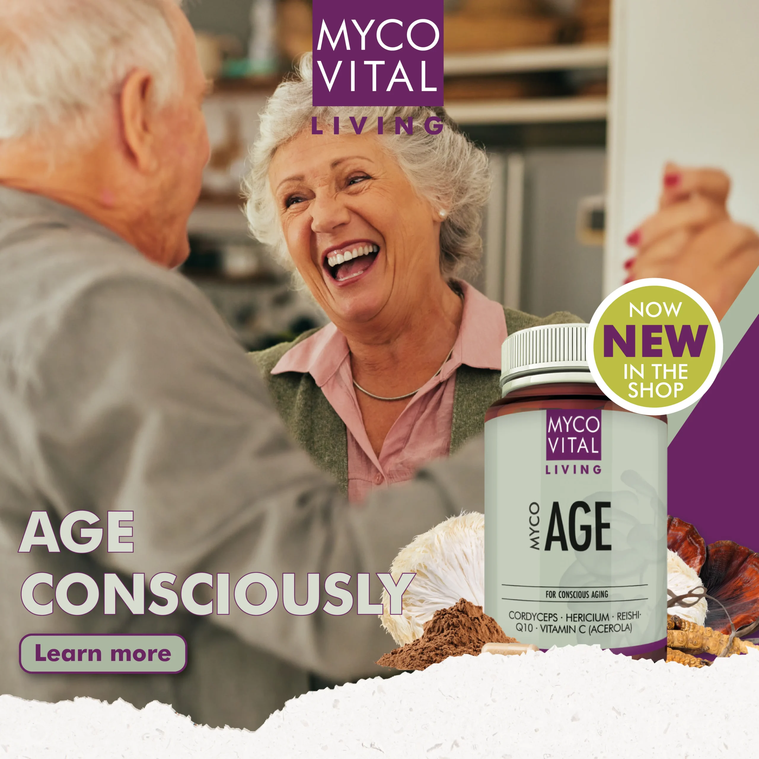 MycoVital_ An older woman and man laugh together in a kitchen. The image advertises MYCOVITAL LIVINGs MYCO AGE supplement with the text &ldquo;BEWUSST &Auml;LTER WERDEN&rdquo; and a &ldquo;Jetzt neu im Shop&rdquo; label. Mushrooms and a supplement bottle are shown.