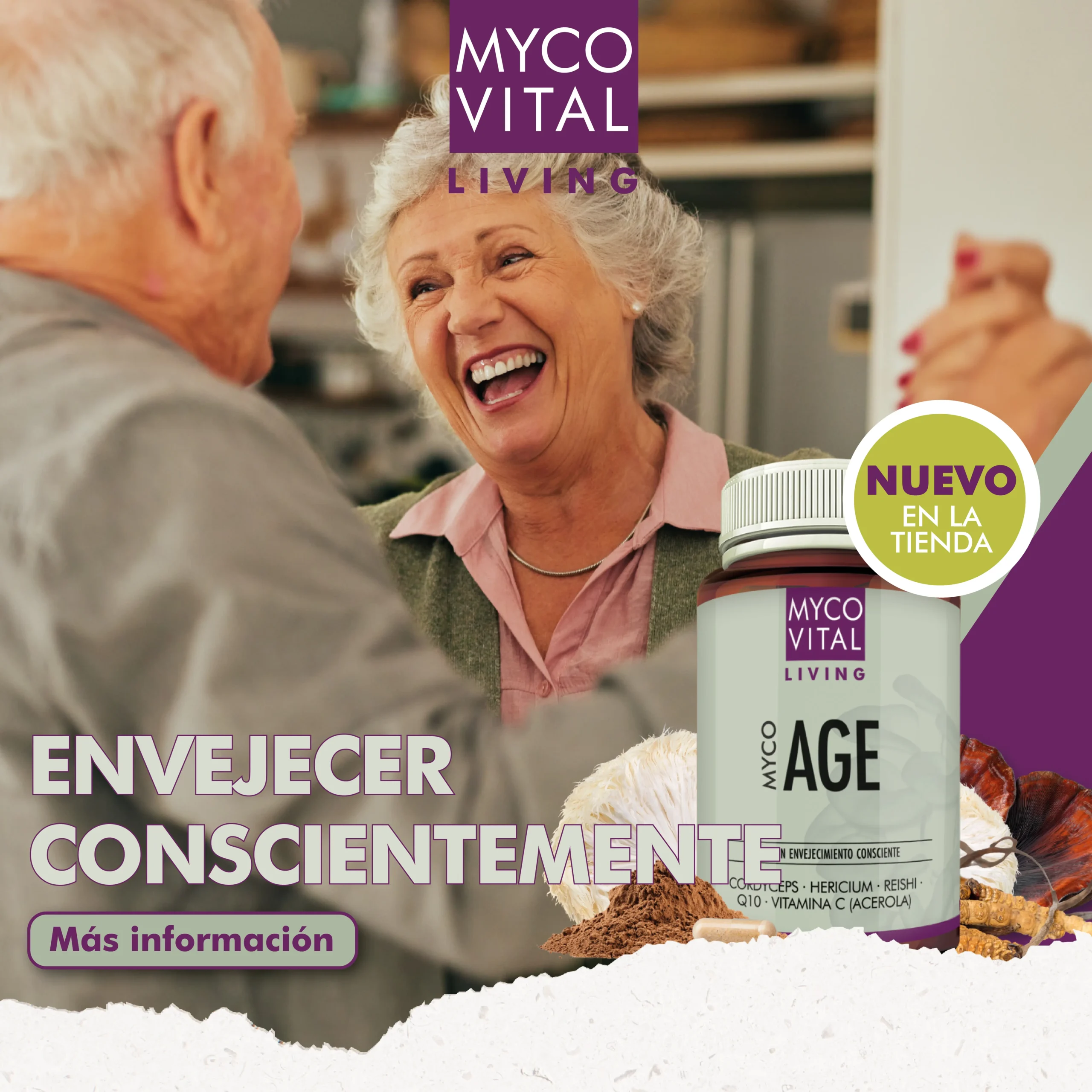MycoVital_ Una anciana y un anciano sonr&iacute;en y r&iacute;en juntos en una cocina. En primer plano hay una botella con la etiqueta MYCO AGE de MycoVital Living, con el texto Bewusst &auml;lter werden y un distintivo Jetzt neu im Shop.