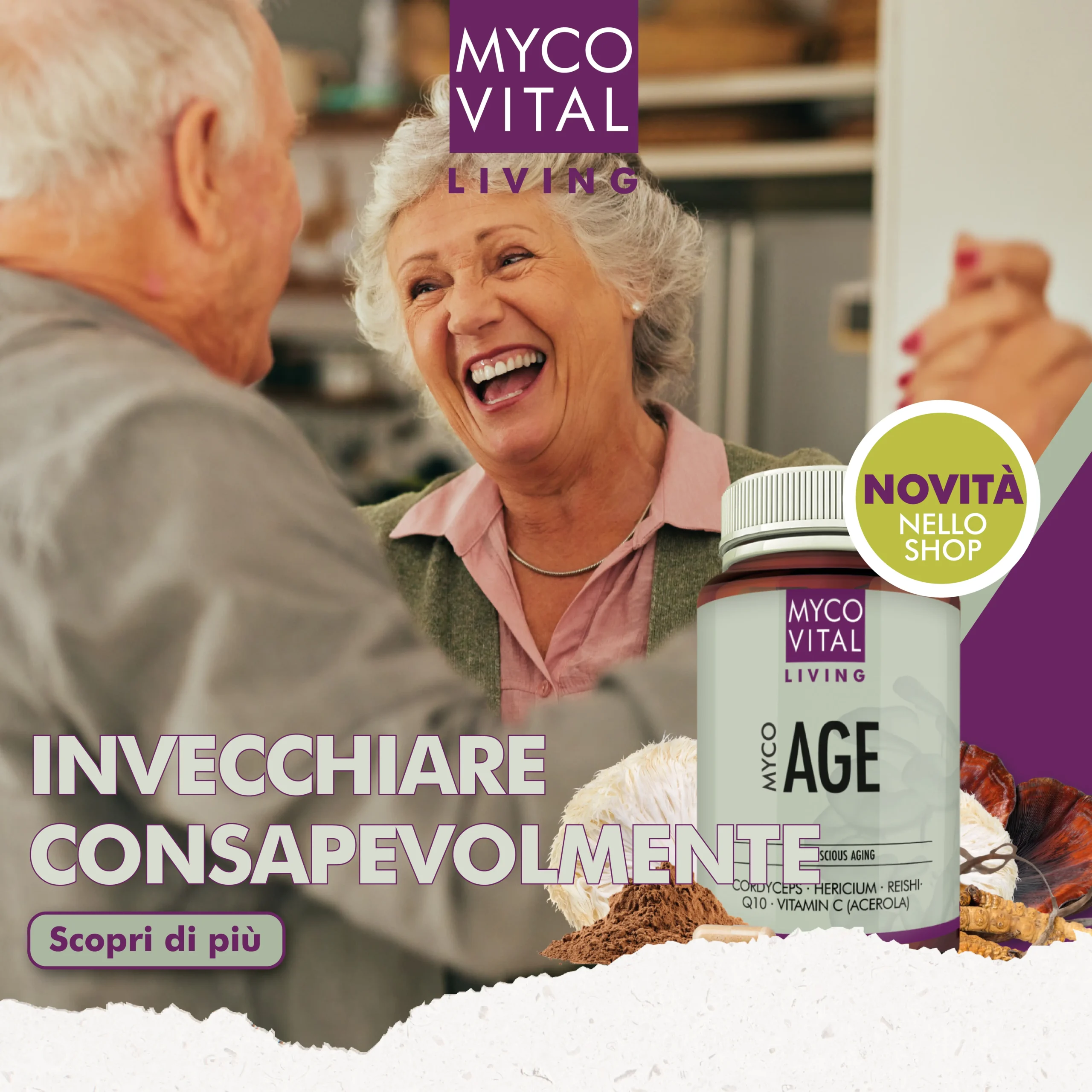 MycoVital_ Una donna anziana con i capelli grigi sorride e ride mentre parla con un uomo. In primo piano c'&egrave; una bottiglia con l'etichetta MYCO AGE di MycoVital Living. Il testo recita Bewusst &auml;lter werden e Jetzt neu im Shop.