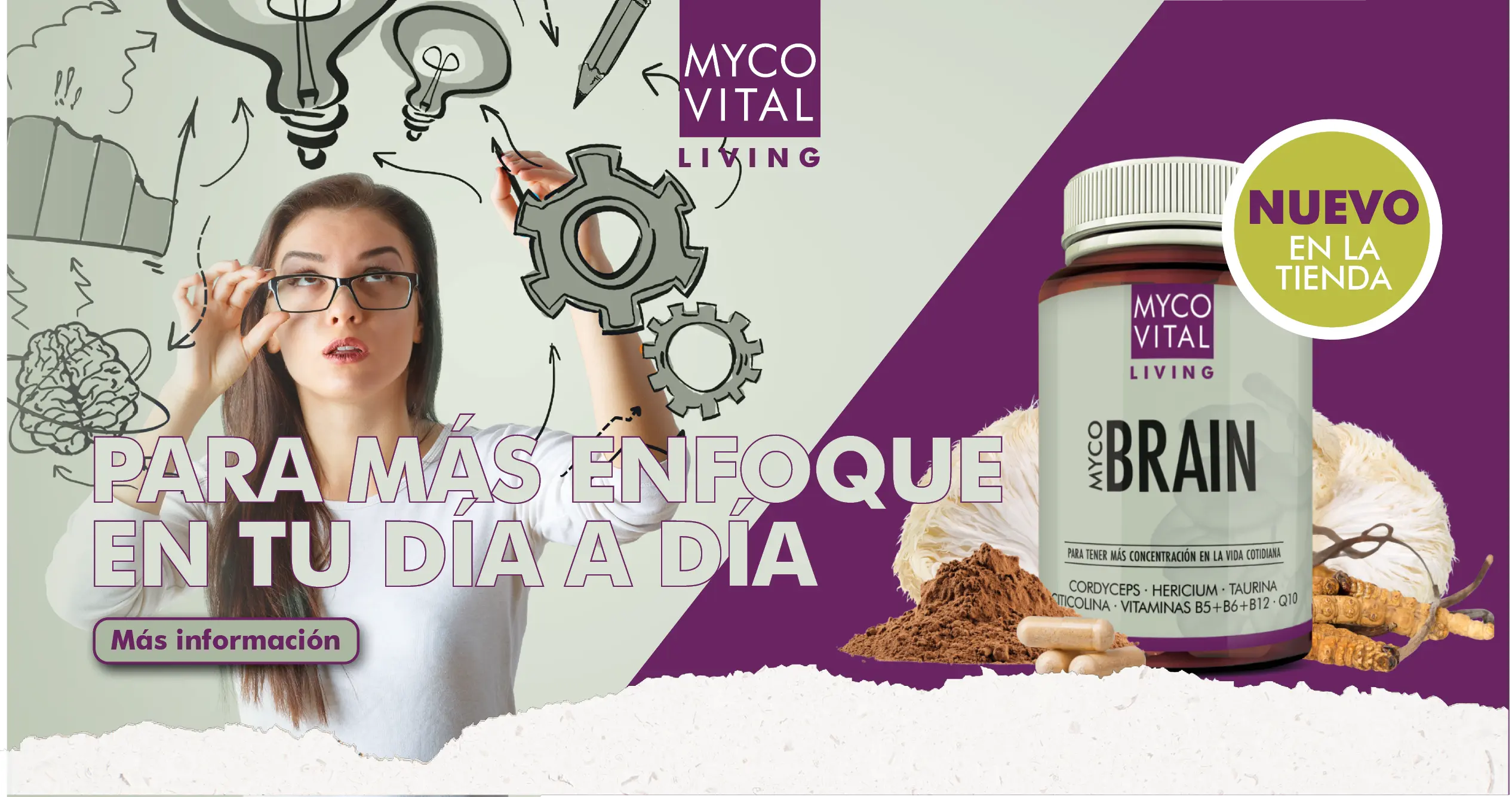 MycoVital_ Una mujer se&ntilde;ala engranajes y bombillas ilustrados, con una botella de producto MYCO VITAL LIVING etiquetada MYCO BRAIN a su lado. El texto en alem&aacute;n dice F&uuml;r mehr Fokus in deinem Alltag y Jetzt neu im Shop.