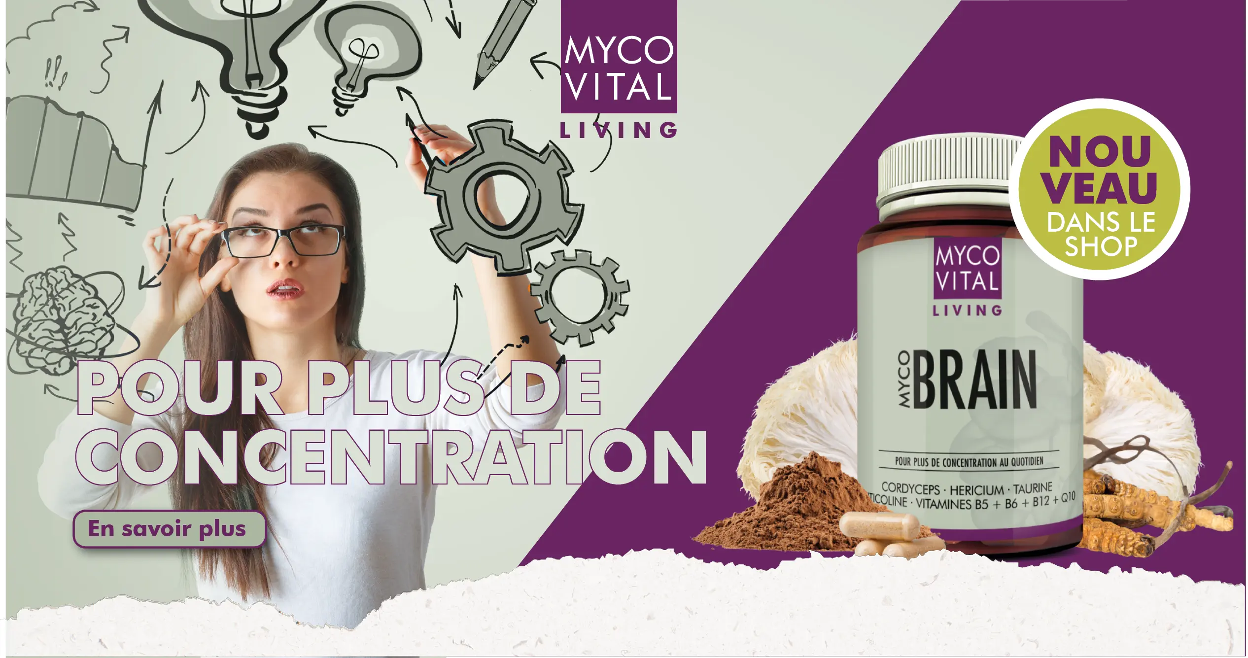 MycoVital_ Une femme dessine des engrenages et des ampoules sur du verre, sugg&eacute;rant la cr&eacute;ativit&eacute;. &Agrave; c&ocirc;t&eacute; d'elle se trouve une bouteille de compl&eacute;ment alimentaire MYCOVITAL LIVING BRAIN. Un texte en allemand encourage la concentration dans la vie quotidienne. Un cercle jaune souligne JETZT NEU im Shop.