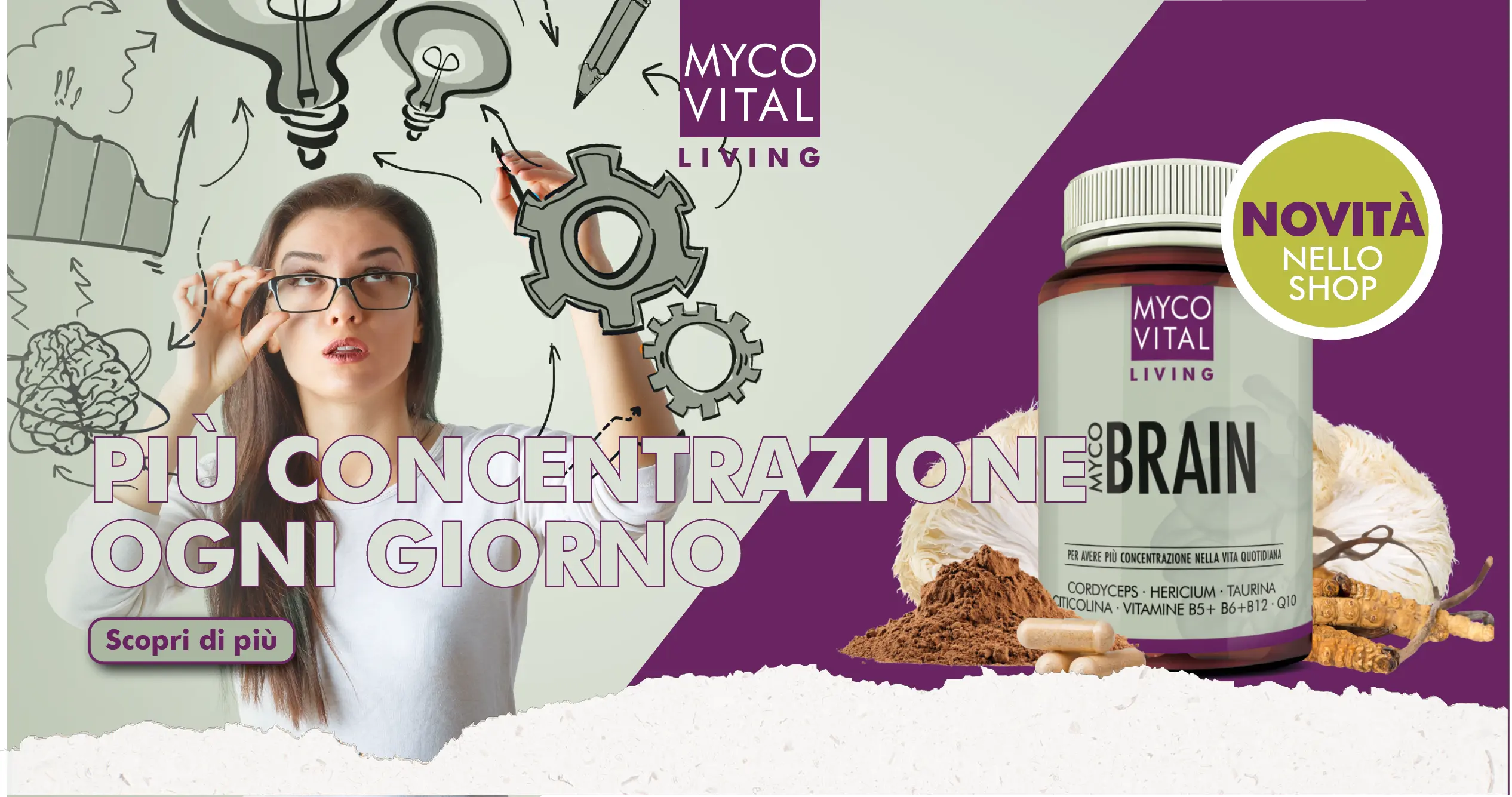 MycoVital_ Una donna con gli occhiali indica ingranaggi e lampadine illustrate, simbolo di idee. Accanto a lei, un flacone di integratore MYCOVITAL Living "BRAIN" su uno sfondo bianco e viola con un testo in tedesco che promuove la concentrazione.