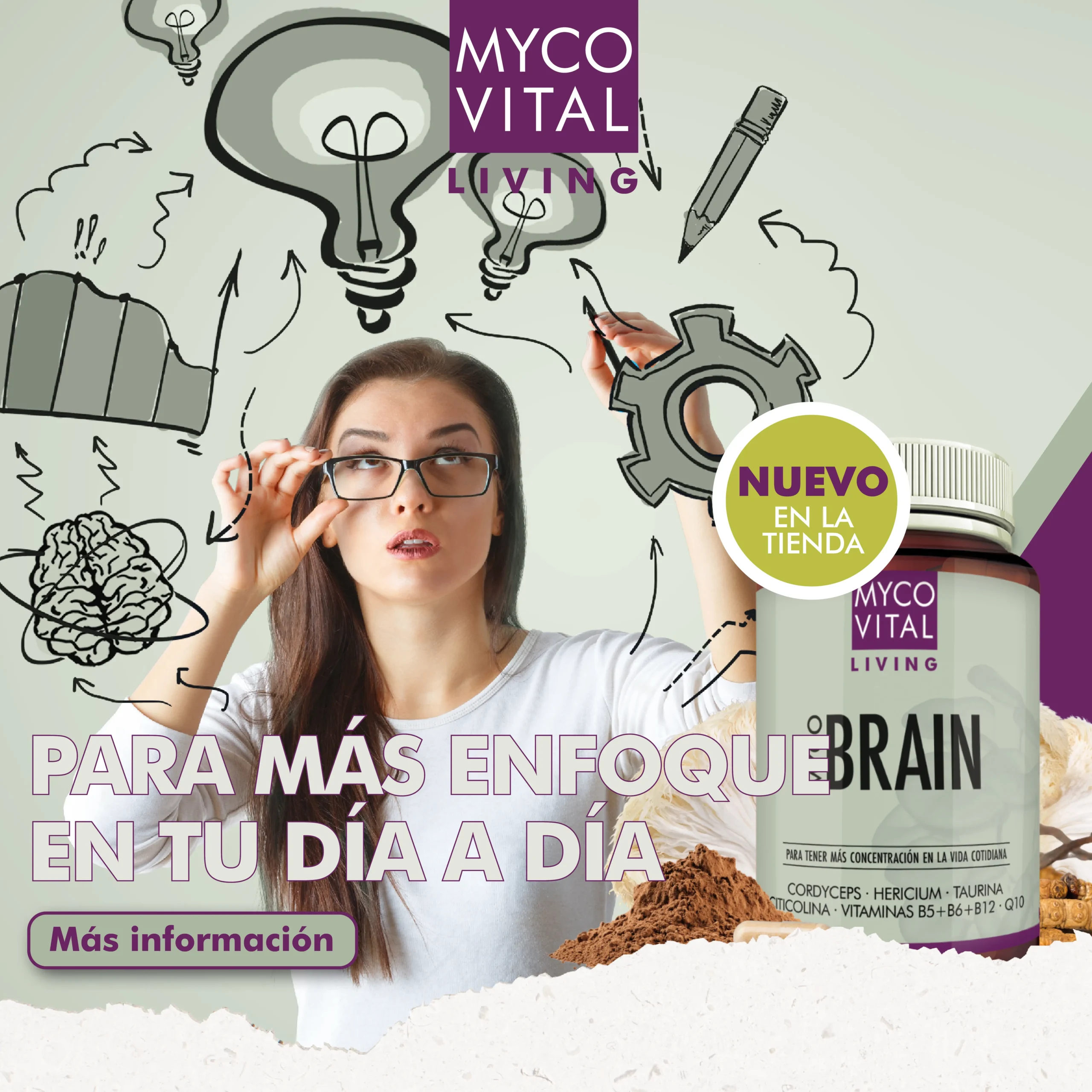 MycoVital_ Una mujer se ajusta las gafas mientras sobre su cabeza aparecen bombillas y engranajes ilustrados que simbolizan ideas. En primer plano aparece un frasco de suplemento MYCOVITAL Living Brain y un texto en alem&aacute;n que promueve la concentraci&oacute;n.