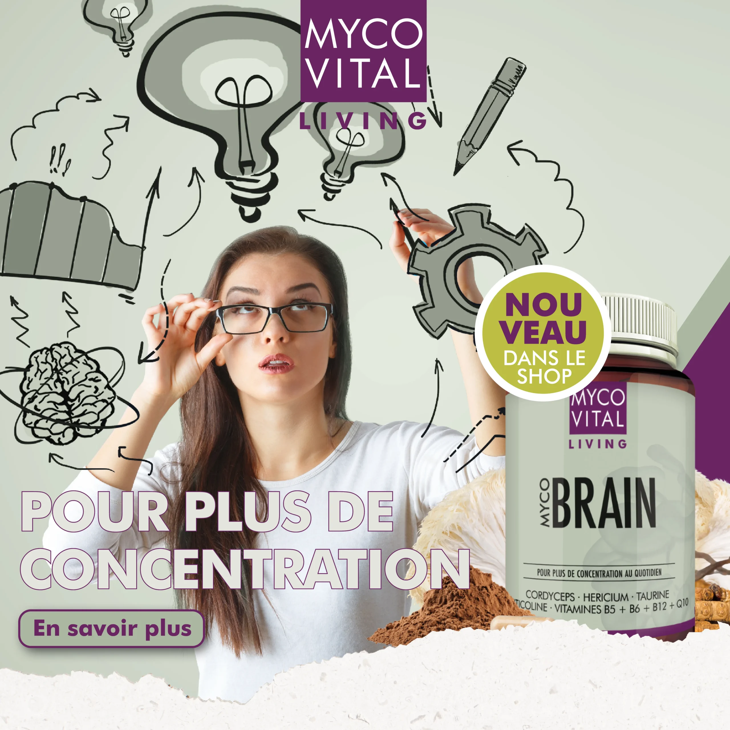 MycoVital_ Une femme ajuste ses lunettes, entour&eacute;e d'ic&ocirc;nes repr&eacute;sentant des ampoules et des engrenages, symbolisant les id&eacute;es et la concentration. Un flacon de suppl&eacute;ment &eacute;tiquet&eacute; Myco Brain est pr&eacute;sent&eacute; avec un texte promotionnel en allemand.