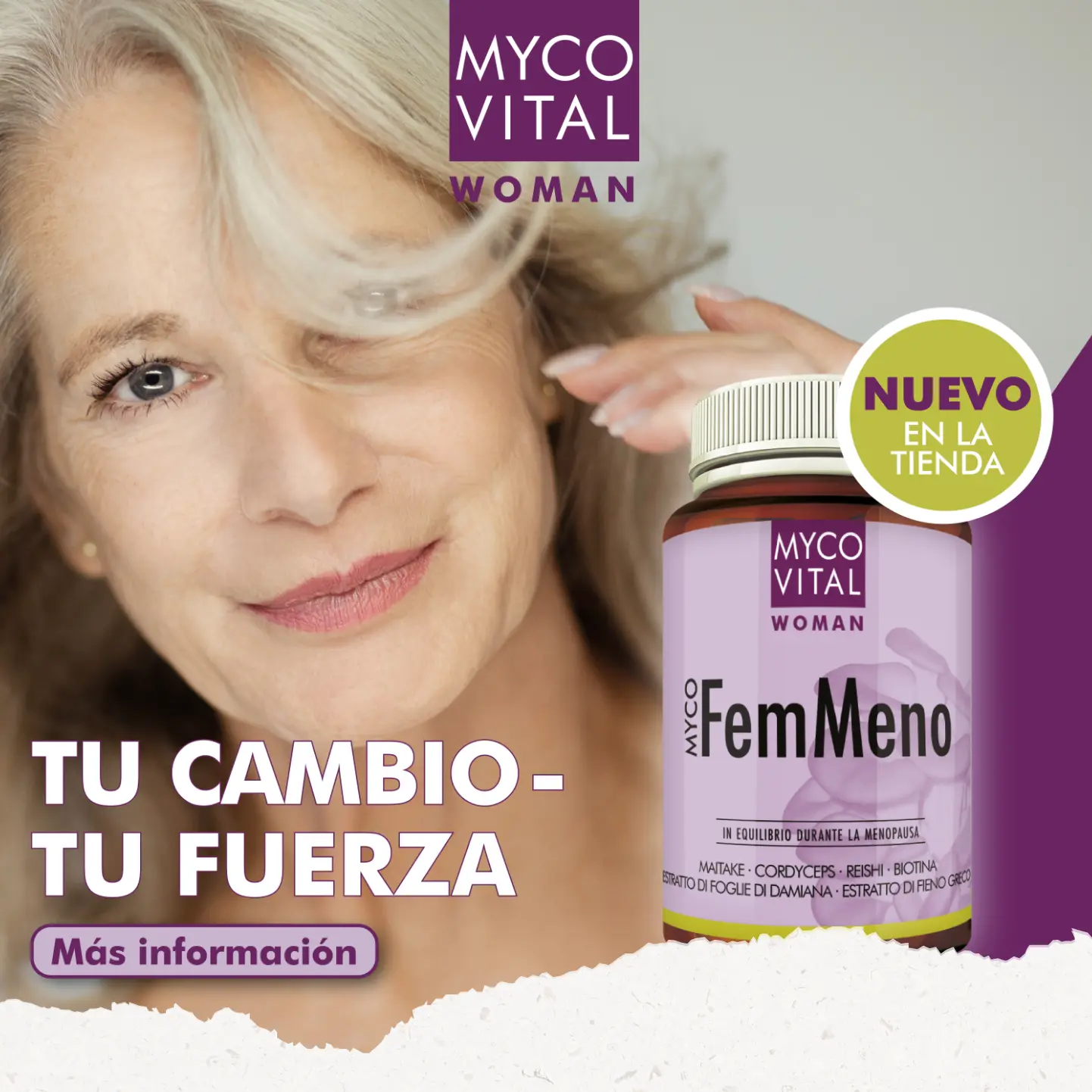 MycoVital_ Una mujer madura sonriente se toca las canas. A la derecha, un frasco de suplemento MycoVital FemMeno. El texto en alem&aacute;n dice: DEIN WANDEL - DEINE ST&Auml;RKE y JETZT NEU IM SHOP. El bot&oacute;n de abajo dice Mehr erfahren.