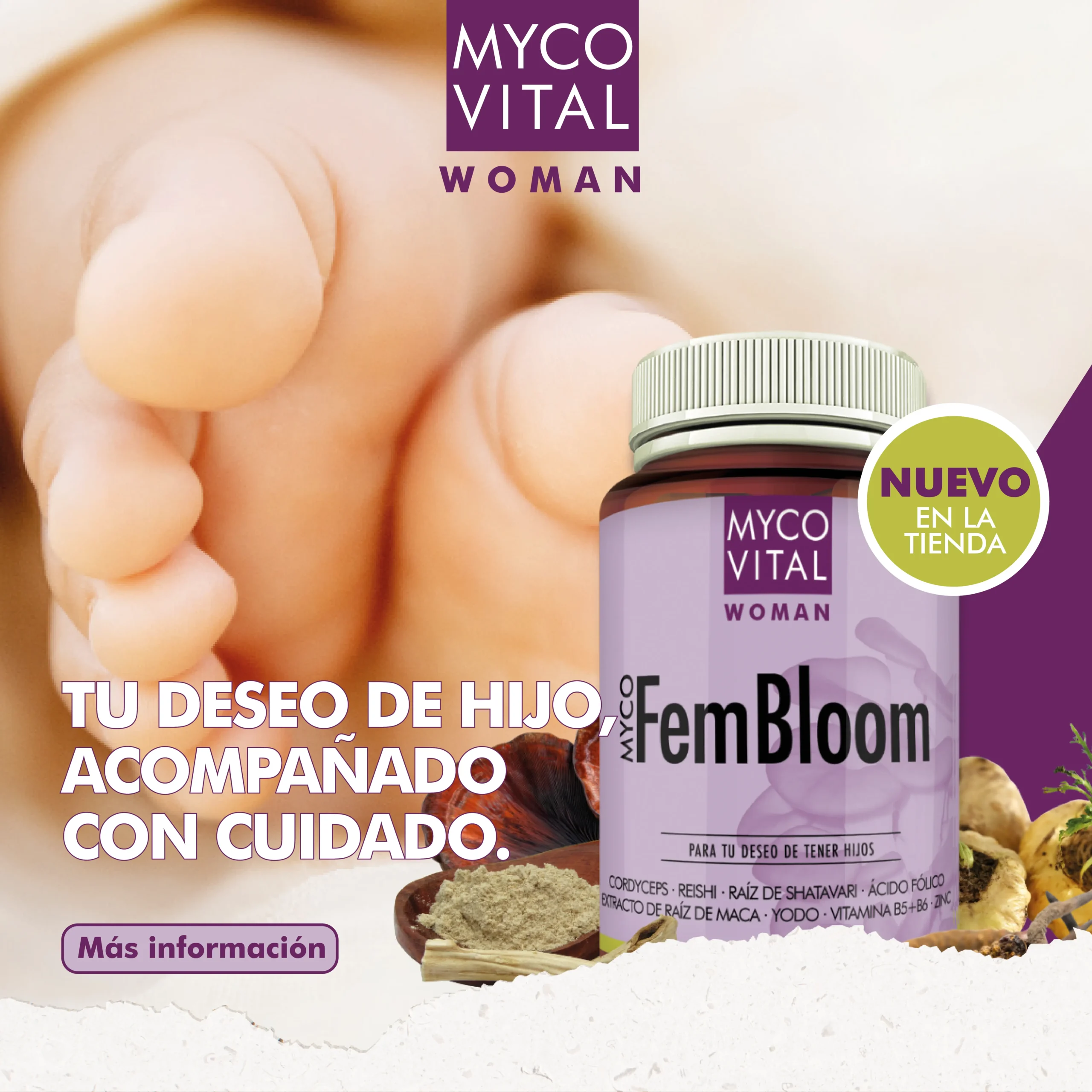 MycoVital_ Primer plano de los pies de un beb&eacute; con un frasco de suplemento MYCO VITAL FemBloom en primer plano. El texto dice: "DEIN KINDERWUNSCH ACHTSAM BEGLEITET" y "JETZT NEU IM SHOP".