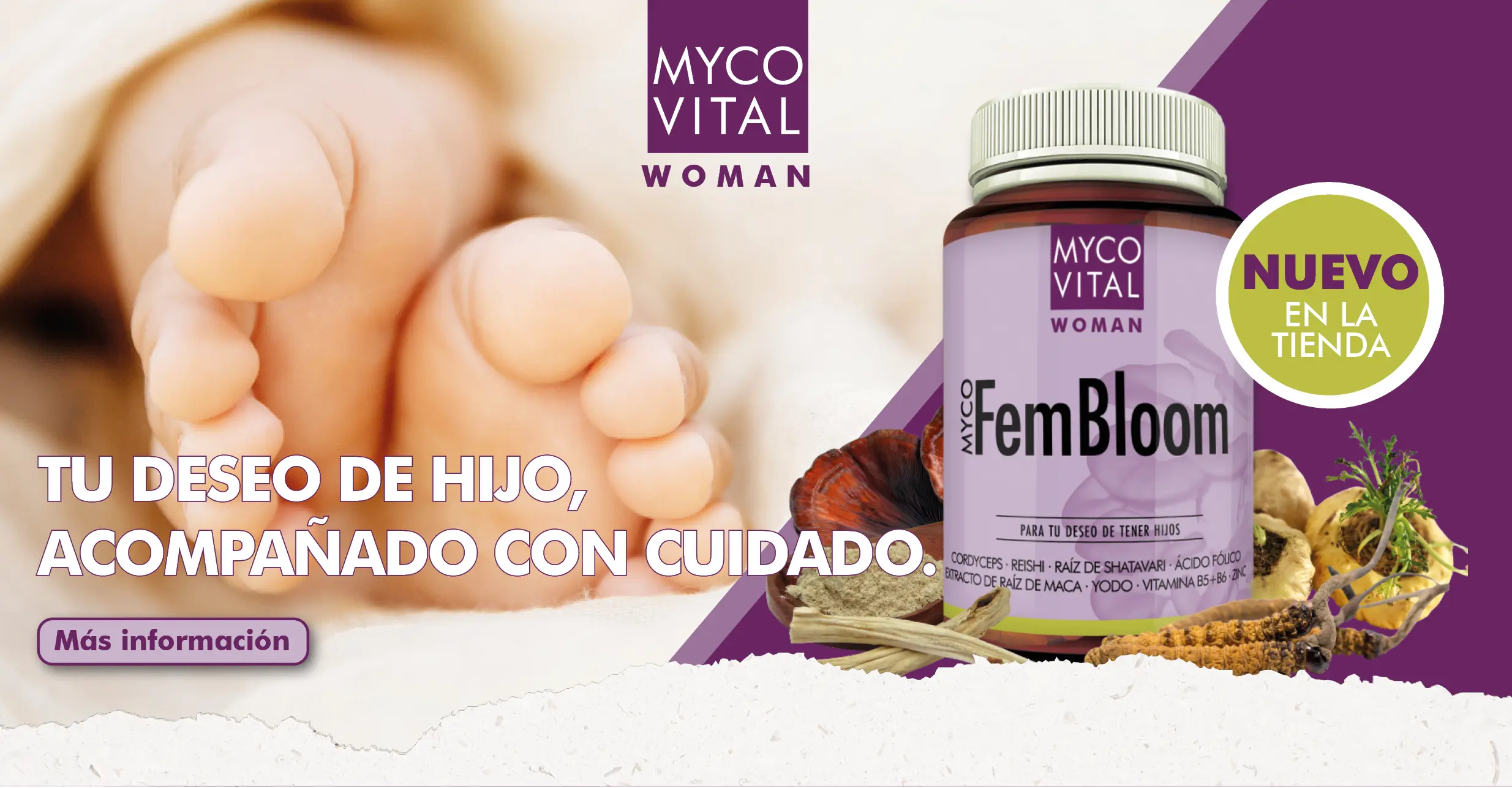 MycoVital_ Primer plano de unos pies de beb&eacute; a la izquierda. A la derecha, un frasco morado con la etiqueta MYCOVITAL WOMAN FemBloom rodeado de varias hierbas. Un texto en alem&aacute;n anuncia un cuidadoso apoyo a la fertilidad y un nuevo producto en la tienda.