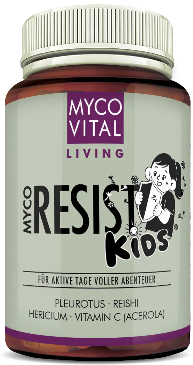 MycoVital_ Eine Dose mit dem Nahrungsergänzungsmittel Myco Vital Living Resist Kids, auf der ein Kind abgebildet ist, das ein Schild hält. Auf dem Etikett sind Pleurotus, Reishi, Hericium-Pilze und Vitamin C (Acerola) zur Unterstützung aktiver Kinder angegeben.