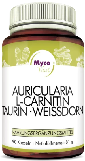 MycoVital_ Eine braune Flasche Myco Vital mit weißem Etikett, die 90 Kapseln mit Auricularia, L-Carnitin, Taurin und Weißdorn enthält. Das Etikett ist in deutscher Sprache und zeigt hellgrüne botanische Grafiken.