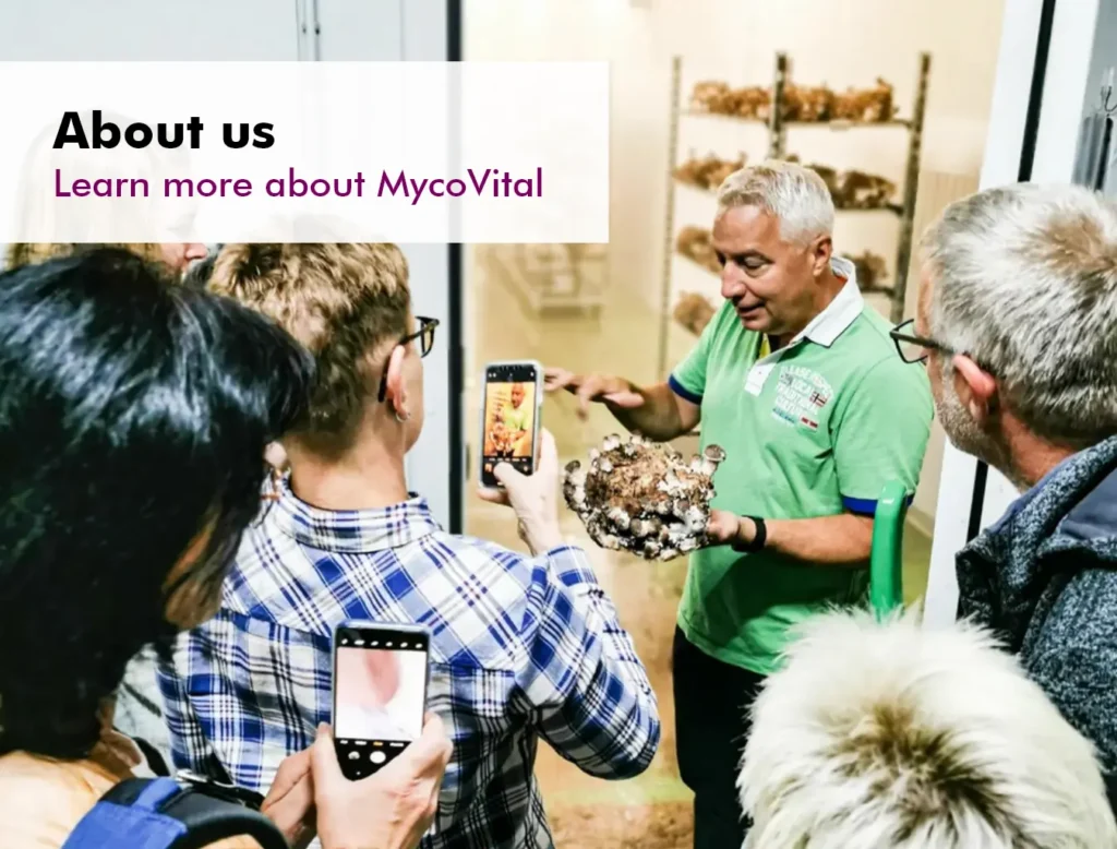 MycoVital_ A man in a green shirt holds up a cluster of mushrooms while explaining to a group of people, some taking photos with their phones. Text on the image reads: “About us. Erfahre mehr über Mycovital.”.