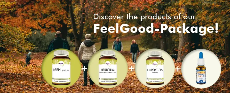 MycoVital_ Four people walk in a park with autumn leaves. Foreground shows three supplement bottles labeled Reishi, Hericium, and Cordyceps, and a blue dropper bottle. German text reads: Entdecken Sie die Produkte unseres FeelGood-Pakets!.