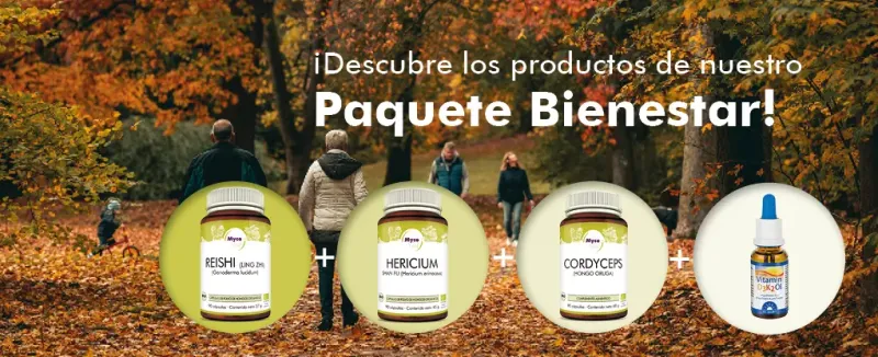 MycoVital_ Un grupo de personas pasea por un parque rodeado de &aacute;rboles oto&ntilde;ales. Se superponen im&aacute;genes de tres frascos de suplementos etiquetados como Reishi, Hericium, Cordyceps, y un frasco cuentagotas, con texto en alem&aacute;n que promociona un FeelGood-Paket.