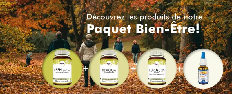 MycoVital_ Des personnes se prom&egrave;nent dans un parc d'automne avec des feuilles mortes. Au premier plan, trois bouteilles de compl&eacute;ments alimentaires &agrave; base de champignons (Reishi, Hericium, Cordyceps) et une bouteille de teinture sont repr&eacute;sent&eacute;es, avec un texte en allemand faisant la promotion d'un paquet FeelGood.
