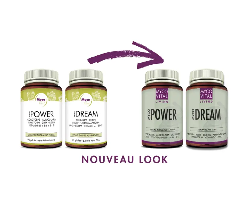 MycoVital_ Deux paires de bouteilles de MYCO POWER Gélules de poudre (mélange 560) sont représentées. Une flèche indique les anciennes étiquettes à gauche et les nouvelles étiquettes à droite, avec la mention "NOUVEAU LOOK" en dessous.