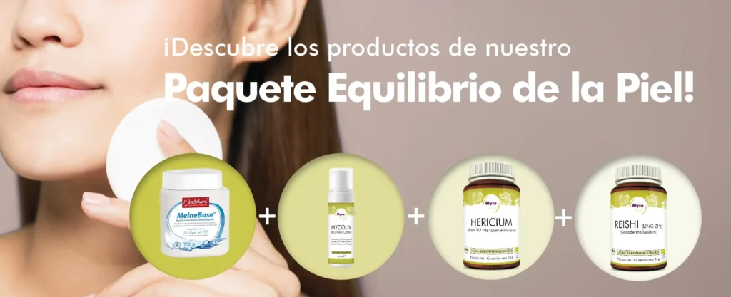MycoVital_ Una mujer se aplica un disco de algod&oacute;n en la mejilla. Texto en alem&aacute;n para promocionar el kit de cuidado de la piel "HautBalance-Paket". Se muestran cuatro im&aacute;genes de productos: MeineBase, MOLEDUL, Hericium y suplementos de Reishi.