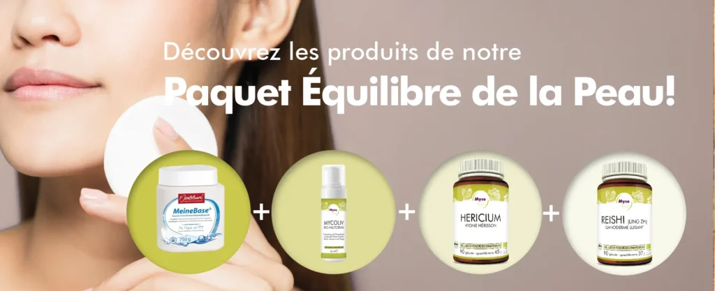 MycoVital_ Une femme se touche le visage avec un coton. Un texte en allemand fait la promotion du HautBalance-Paket, et quatre produits de soins de la peau sont pr&eacute;sent&eacute;s : MeineBase, Mikrosilber Creme, Hericium powder et Reishi powder.