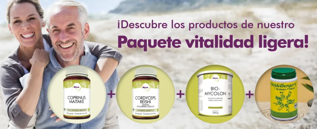 MycoVital_ Una pareja sonriente est&aacute; de pie al aire libre. Junto a ellos hay un texto en alem&aacute;n: &iexcl;Entdecken Sie die Produkte unseres Leicht-Vital-Paket! A continuaci&oacute;n se muestran im&aacute;genes de tarros de suplementos etiquetados como Coprinus Maitake, Cordyceps Reishi, Bio-Mycolon y Heidelberg Pulver.
