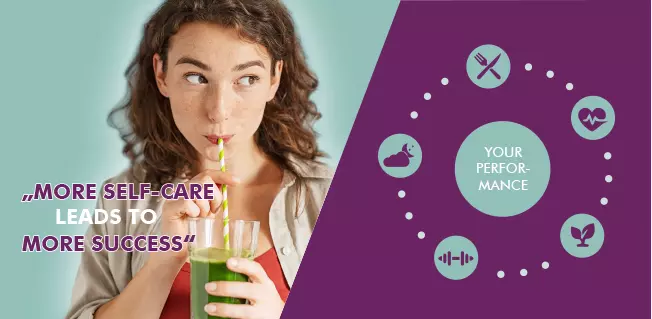 MycoVital_ A woman drinks a green smoothie through a straw, looking to the side. Next to her is the text &ldquo;More self-care leads to more success,&rdquo; and a purple infographic showing icons for food, sleep, heart, leaf, and weights.