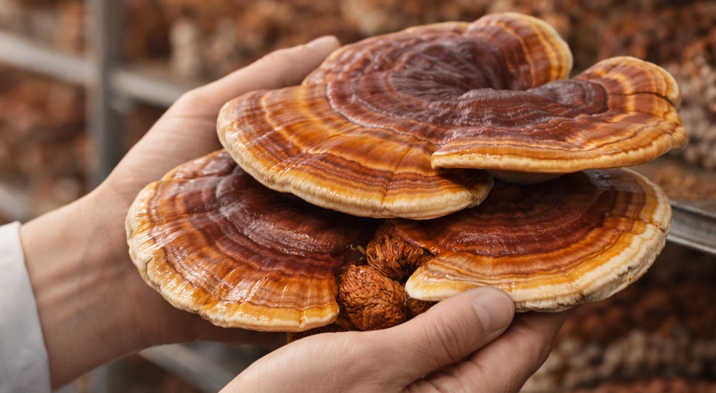MycoVital_ H&auml;nde, die mehrere gro&szlig;e, runde, r&ouml;tlich-braune Reishi-Pilze mit ausgepr&auml;gten konzentrischen Ringen und gl&auml;nzender Oberfl&auml;che halten. Im Hintergrund sind unscharf weitere Pilze auf einem Regal zu sehen.