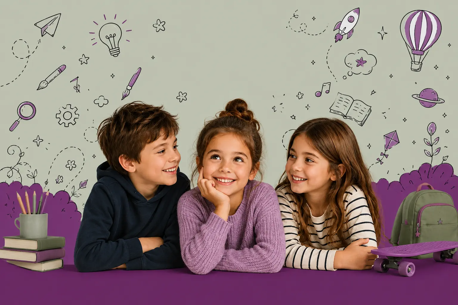 MycoVital_ Drei l&auml;chelnde Kinder sitzen an einem Tisch mit B&uuml;chern, einem Stifthalter und einem Rucksack. Hinter ihnen schm&uuml;cken skurrile Kritzeleien von Raketen, Wolken und Hei&szlig;luftballons die Wand und schaffen eine spielerische, fantasievolle Szene.