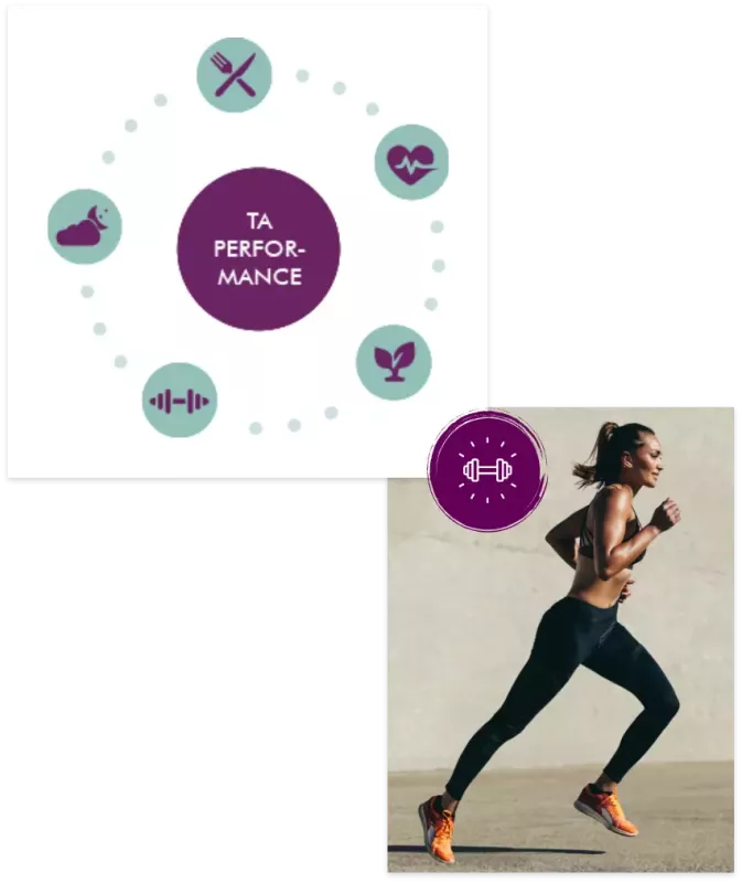 MycoVital_ Un diagramme avec des ic&ocirc;nes pour l'alimentation, la sant&eacute; cardiaque, la course &agrave; pied et les poids autour de TA PERFORMANCE se trouve au-dessus d'une photo d'une femme en tenue de sport courant &agrave; l'ext&eacute;rieur.