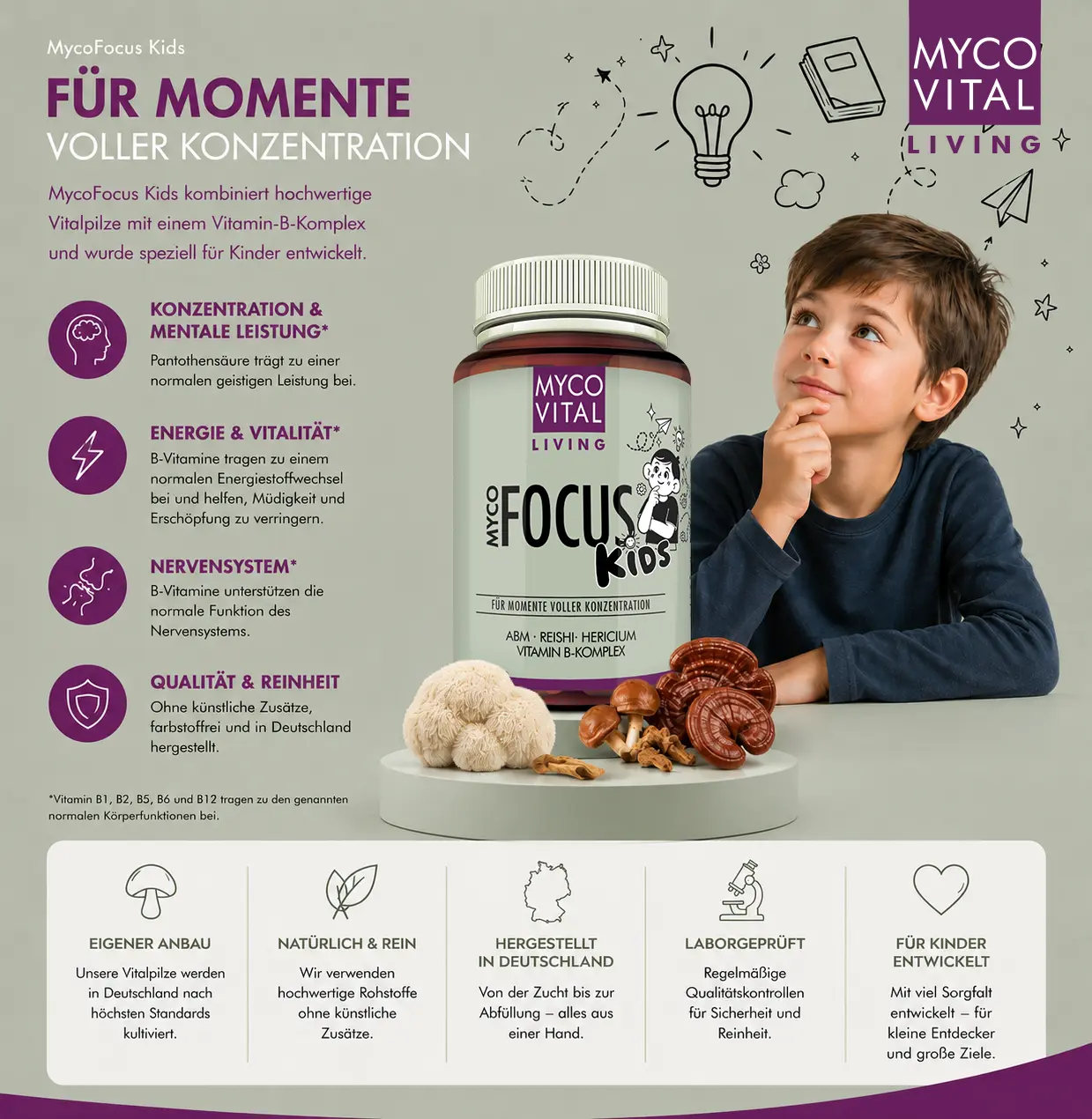 MycoVital_ Ein kleiner Junge sitzt an einem Tisch und schaut nachdenklich, neben ihm liegen MycoFocus Kids-Kapseln und Pilze. Der deutsche Text hebt Vorteile wie Konzentration, Energie und Produktqualität hervor. Icons veranschaulichen die Produkteigenschaften.