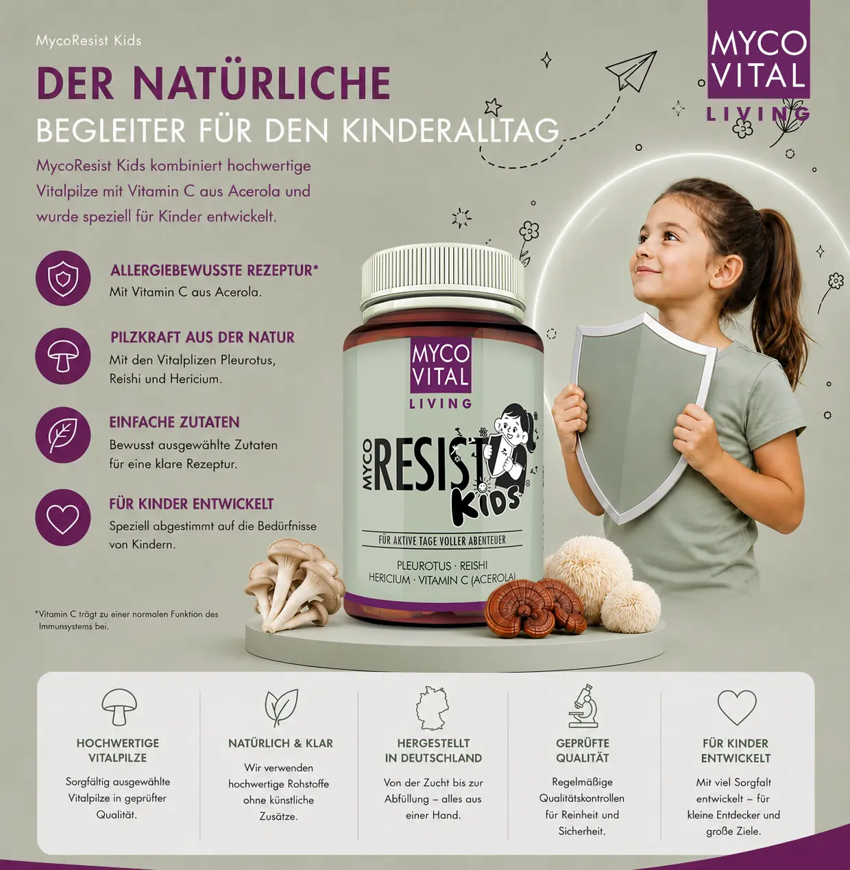 MycoVital_ Ein lächelndes junges Mädchen streckt ihren Arm neben einer Flasche MycoResist Kids Ergänzungsmittel aus. Der Informationstext hebt die natürlichen Inhaltsstoffe, die Vorteile für Kinder und die wichtigsten Eigenschaften in deutscher Sprache hervor. Icons veranschaulichen die Produkteigenschaften.