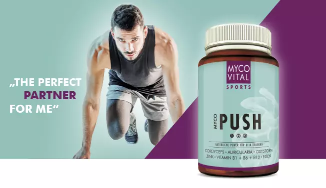 MycoVital_ A man in athletic wear prepares to sprint, positioned next to a bottle of MycoVital Sports PUSH supplement. The background is divided into teal and purple, with the text, The perfect partner for me.