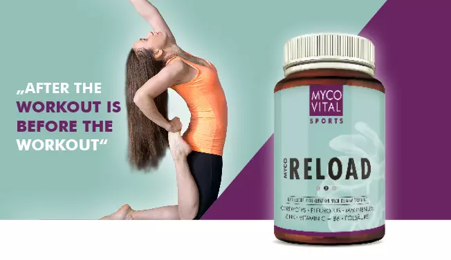 MycoVital_ A woman in an orange tank top and leggings does a yoga stretch. To the right is a bottle of Myco Reload supplement. Text says, After the workout is before the workout. The background is teal and purple.