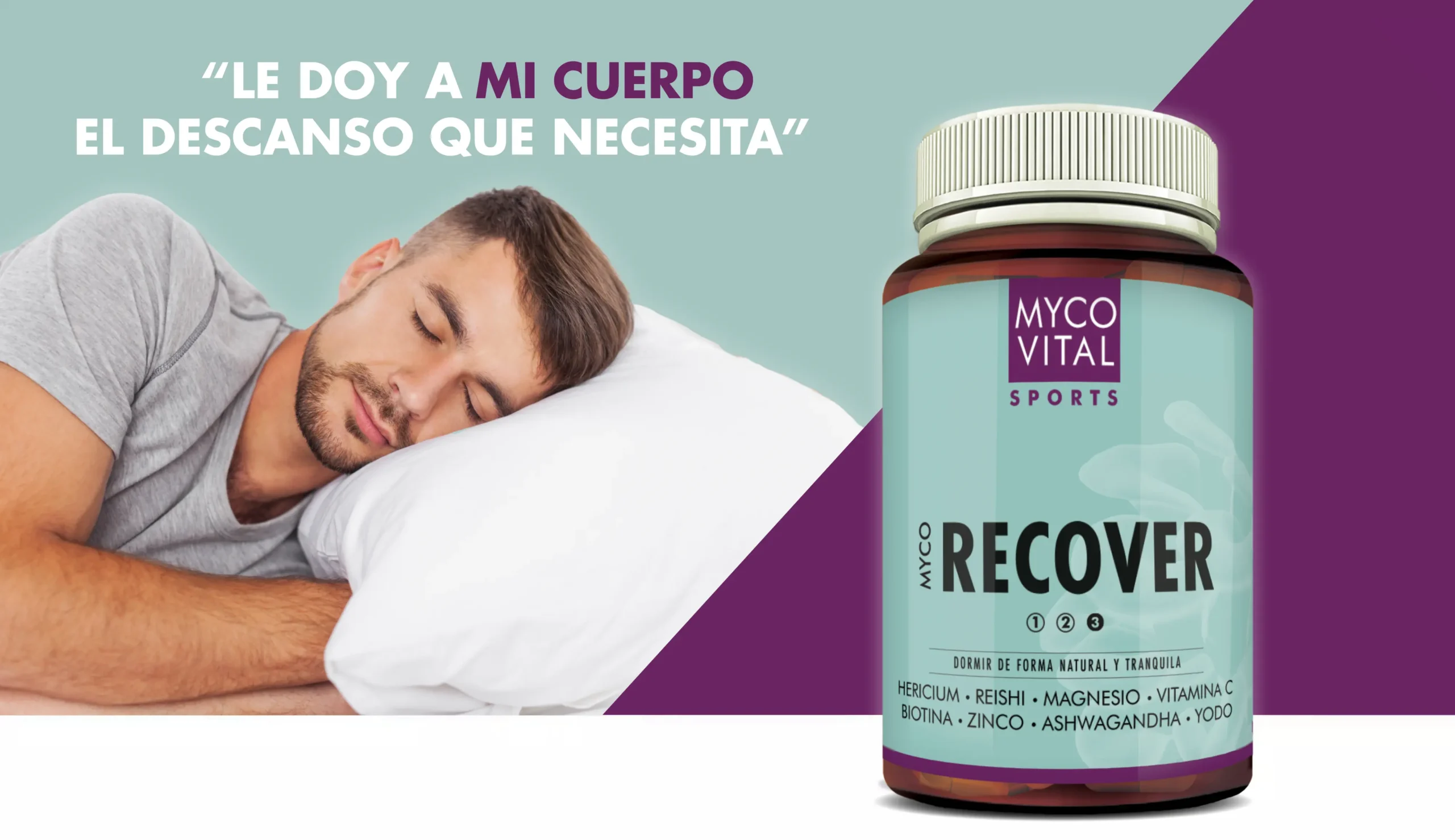MycoVital_ Un hombre de pelo oscuro duerme pl&aacute;cidamente sobre una almohada blanca. A su lado hay una botella con la etiqueta MYCO VITAL SPORTS RECOVER. El texto en alem&aacute;n dice: "Ich g&ouml;nne meinem K&ouml;rper die Ruhe die er braucht".