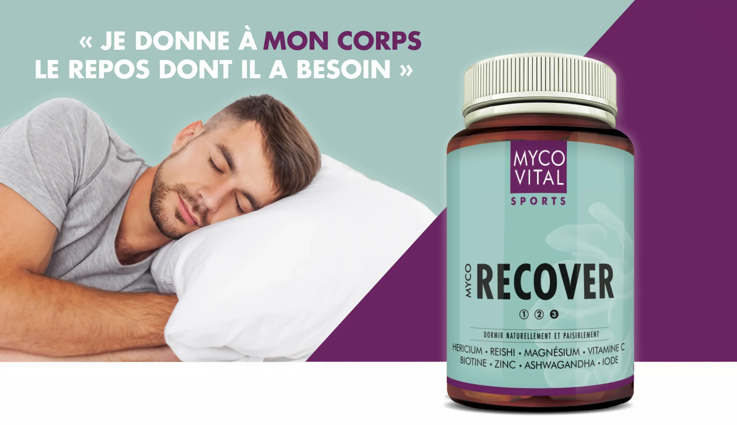 MycoVital_ Un homme dort paisiblement sur un oreiller blanc. &Agrave; c&ocirc;t&eacute; de lui se trouve un flacon &eacute;tiquet&eacute; MYCOVITAL SPORTS RECOVER. Le texte en allemand se lit comme suit : Ich g&ouml;nne meinem K&ouml;rper die Ruhe, die er braucht.