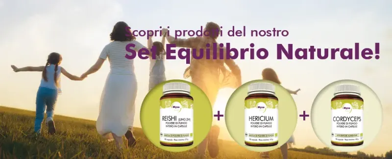 MycoVital_ Una familia cogida de la mano y corriendo por un campo al atardecer. En primer plano, se ven tres botes de suplementos etiquetados como Reishi, Hericium y Cordyceps. Un texto en alem&aacute;n promociona el NatureBalance-Set.
