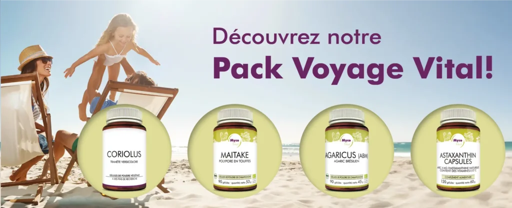 MycoVital_ Une femme et deux enfants profitent d'une journ&eacute;e de plage ensoleill&eacute;e. Au premier plan, quatre bouteilles de compl&eacute;ments alimentaires &eacute;tiquet&eacute;es Coriolus, Maitake, Agaricus et Astaxanthin. Le texte se lit comme suit : D&eacute;couvrez notre paquet de produits vitaux pour la sant&eacute;.