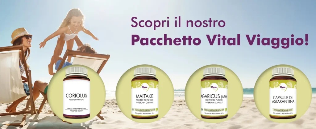 MycoVital_ Una donna e due bambini si godono una spiaggia assolata. Sono mostrate quattro bottiglie di integratori etichettate come Coriolus, Maitake, Agaricus e Astaxanthin. Il testo recita: Scoprite il nostro pacchetto di integratori Reise-Vital.