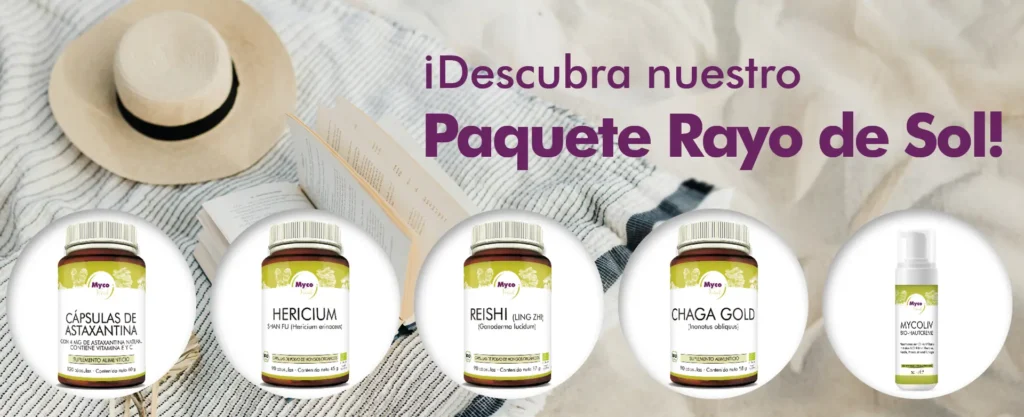 MycoVital_ Se muestran un sombrero de paja y una manta a rayas con cinco productos de suplementos para la salud. El texto en alem&aacute;n dice: Entdecken Sie unser Sun-Shine-Paket! con los nombres de los productos y las botellas en un lugar destacado.