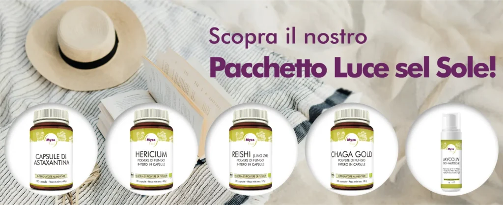 MycoVital_ Cinque integratori sono esposti su un letto con cappello di paglia e coperta a righe. Il testo in tedesco recita: "Entdecken Sie unser Sun-Shine-Paket!", ovvero "Scopri il nostro pacchetto Sun-Shine!".