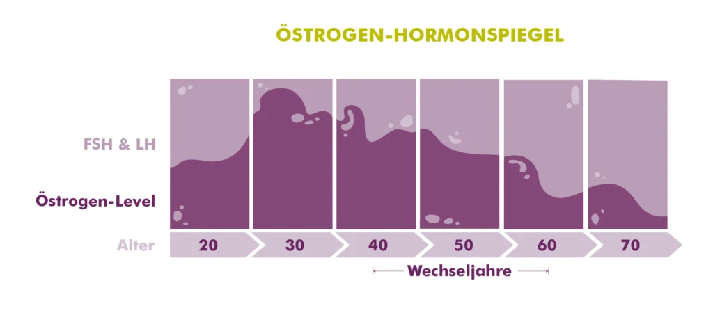 MycoVital_ Ein Diagramm, das den &Ouml;strogenspiegel nach Altersgruppen (20 bis 70) zeigt. Der &Ouml;strogenspiegel steigt an, erreicht seinen H&ouml;hepunkt um 30-40 und sinkt dann nach der Menopause (Wechseljahre), wobei FSH und LH oben beschriftet sind und der Titel "&Ouml;STROGEN-HORMONSPIEGEL" lautet.