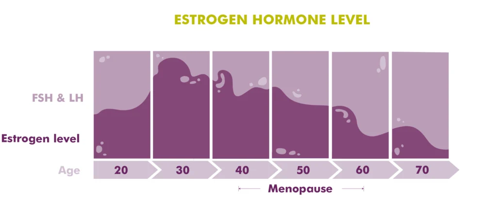 MycoVital_ A German chart showing estrogen levels by age. The graph rises from age 20, peaks around age 30-40, then declines sharply after age 50 (menopause), continuing to decrease into age 70.