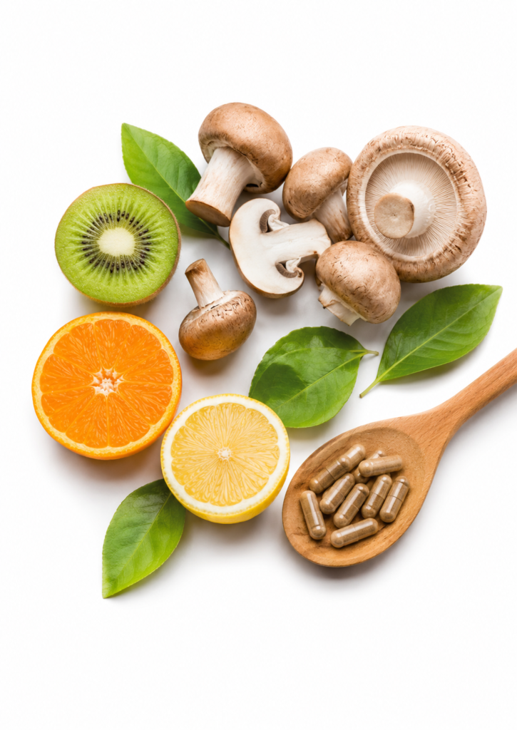 MycoVital_ Une cuillère en bois avec des gélules, des tranches de kiwi, une orange, un citron, des champignons entiers et des feuilles vertes disposés sur un fond blanc, représentant des sources naturelles de nutriments et de suppléments.