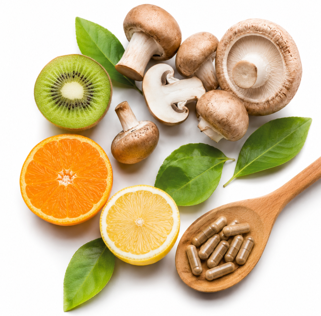 MycoVital_ Sobre un fondo blanco se disponen rodajas de kiwi, naranja y limón, setas enteras, hojas verdes y una cuchara de madera que sostiene cápsulas marrones.