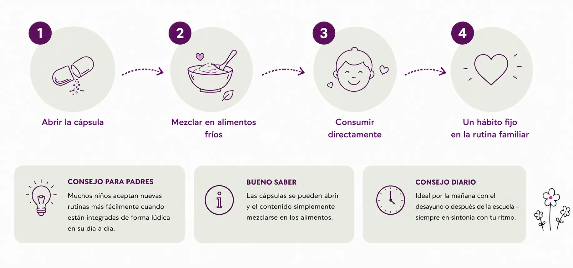 MycoVital_ Infografik mit vier Schritten: 1. 1. Kapsel &ouml;ffnen, 2. In kalte Speisen einr&uuml;hren, 3. Direkt genie&szlig;en, 4. Fester Bestandteil der Familienroutine. Adem&aacute;s de consejos para los padres, el conocimiento y la vida.