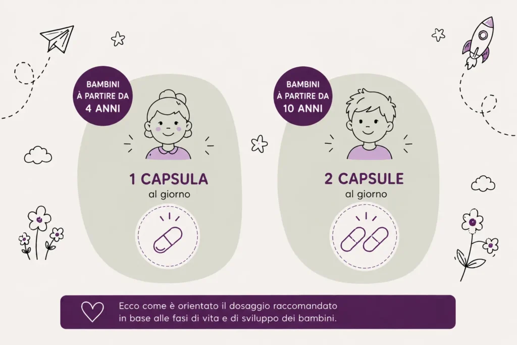 MycoVital_ Infografiche: i bambini a partire da 4 anni di et&agrave; assumono 1 capsula, i bambini a partire da 10 anni di et&agrave; assumono 2 capsule. Si consiglia inoltre di dosare il prodotto in base alle esigenze di vita e di sviluppo.