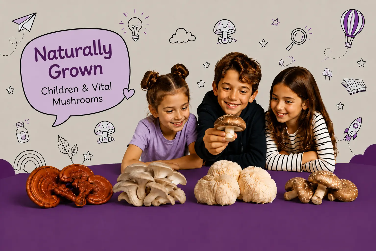 MycoVital_ Three smiling children sit at a table with various mushrooms displayed in front of them. The background has playful doodles and a speech bubble that reads, Nat&uuml;rlich Aufwachsen &ndash; Kinder &amp; Vitalpilze.