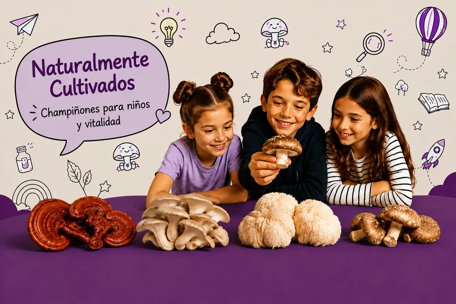 MycoVital_ Tres ni&ntilde;os sonrientes se sientan ante una mesa morada y examinan varios tipos de setas. Detr&aacute;s de ellos, un fondo de color pastel presenta garabatos y un globo de di&aacute;logo con texto en alem&aacute;n sobre los ni&ntilde;os y las setas.