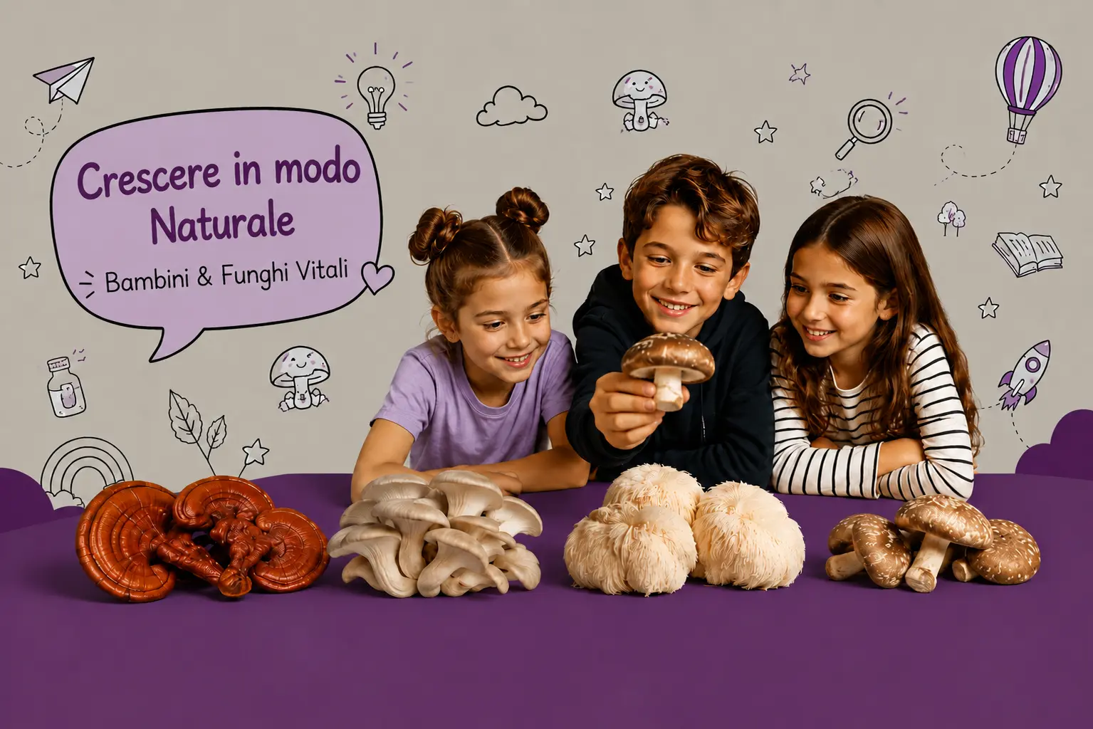 MycoVital_ Tre bambini sorridenti siedono dietro un tavolo che espone vari funghi. Dietro di loro, appaiono scarabocchi di nuvole, stelle e oggetti con una scritta Nat&uuml;rlich Aufwachsen - Kinder &amp; Vitalpilze.