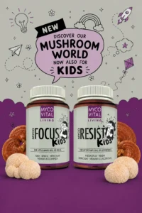 MycoVital_ Two bottles labeled Myco Vital Living Focus Kids and Myco Vital Living Resist Kids are displayed with mushrooms around them. Above is a sign in German: Entdecke unsere Pilzwelt jetzt auch für Kinder with doodles and a cloud background.