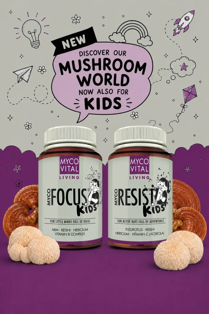 MycoVital_ Two bottles labeled Myco Vital Living Focus Kids and Myco Vital Living Resist Kids are displayed with mushrooms around them. Above is a sign in German: Entdecke unsere Pilzwelt jetzt auch f&uuml;r Kinder with doodles and a cloud background.